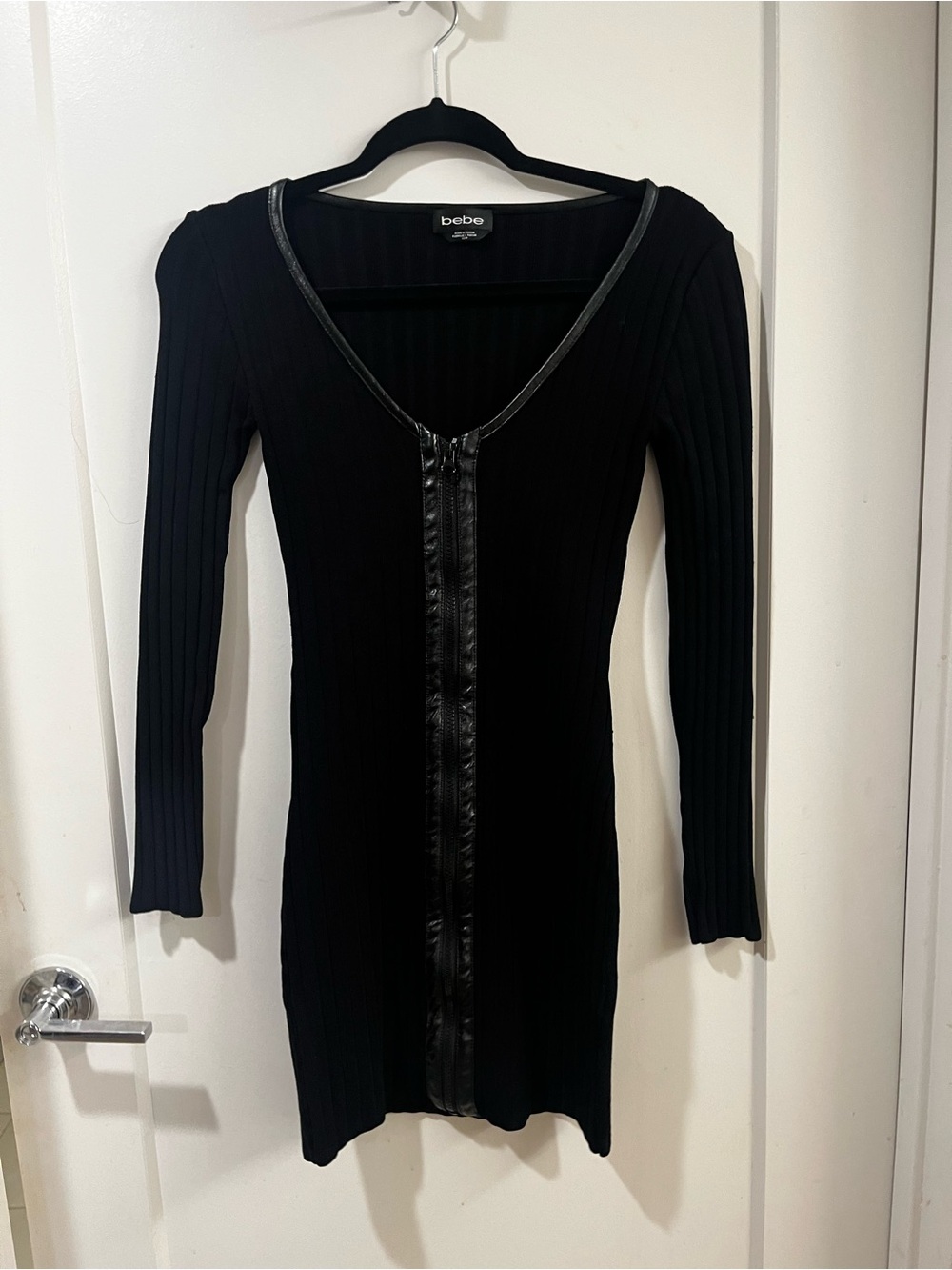 bebe Black Rib-Knit V-Neck Long Sleeve Dress with Faux-Leather Trim